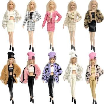 1 Комплект одежды для куклы Барби Плюшевое пальто Куртка Модный костюм Юбка Шляпа Обувь Подходит для 11,8 дюймовой куклы Повседневная одежда JJ