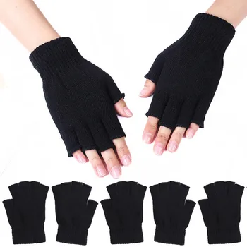 1 пара черных перчаток унисекс без пальцев на полпальца для женщин и мужчин, шерстяные вязаные хлопчатобумажные перчатки на запястье, зимние теплые рабочие перчатки