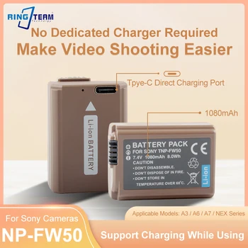 1080mAh TNP-FW50 NP FW50 Аккумулятор для камеры с Зарядным входом Type-C для Sony Alpha a6500 a6300 a6000 a5000 a3000 NEX-3 a7R ZV-e1