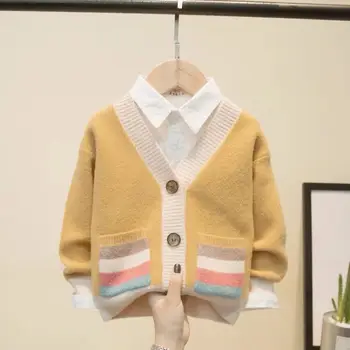 2020 Новая Корейская мода, Весна-осень, Свитера с карманами для мальчиков, пальто, свитер с открытой строчкой для мальчиков, куртка, Детская вязаная одежда A44