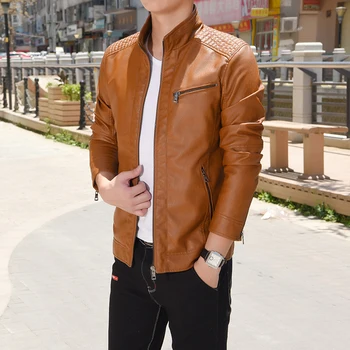 2021 Новая мужская куртка из искусственной кожи, однотонное повседневное пальто из искусственной кожи, приталенная мотоциклетная кожаная куртка, верхняя одежда