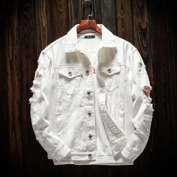 2021 Новые белые рваные джинсовые куртки 4XL Для мужчин / женщин с дырками в стиле хип-хоп, Повседневная модная потертая уличная одежда, Однотонная мужская джинсовая куртка