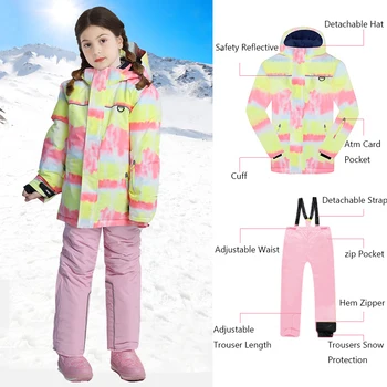 2022, Детский лыжный комплект, флисовые теплые зимние штаны для девочек, Ветрозащитный Водонепроницаемый Детский лыжный костюм, куртка для сноуборда, Зимняя одежда, комбинезон