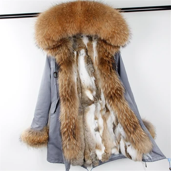 2022 новое модное зимнее женское пальто-парки с большим воротником из меха енота с капюшоном, съемная подкладка из меха кролика Рекс, Съемные рукава из меха