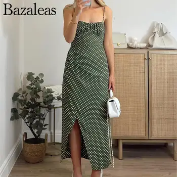 2023 Bazaleas Store Traf женские платья Зеленые длинные платья в стиле бохо в горошек Зеленый сарафан Макси с разрезом Официальное платье