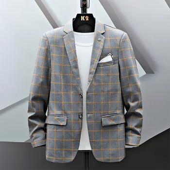 2023 Весенне-осенний мужской пиджак, повседневные Мужские клетчатые пальто, мужские пиджаки для джентльменов в корейском стиле, мужские пиджаки для костюмов