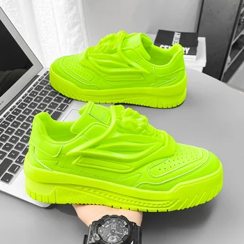 2023 Зеленая Мужская Вулканизированная обувь, модные Летние Брендовые Дизайнерские Повседневные кроссовки на шнуровке, Кожаная обувь на плоской подошве, Zapatillas Hombre
