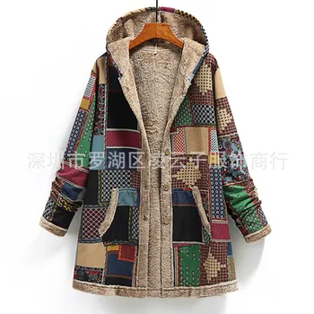 2023 Зима Новый женский свитер с капюшоном из хлопка и конопли с принтом Теплое плюшевое пальто