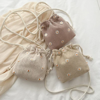 2023 Мини-сумки-ведра из соломенной ткани, модная сумка-мессенджер, повседневная сумка через плечо, летняя пляжная сумка из ротанга для женщин