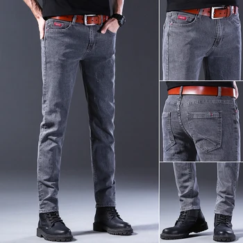 2023 Новые мужские джинсы Стрейч Regular Fit делового повседневного классического стиля Модные джинсовые брюки Мужские черно серые брюки
