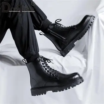 2023 Совершенно новые мужские черные ботильоны, модные деловые ботинки на толстом каблуке с перекрестной шнуровкой и застежкой-молнией, Мужская офисная повседневная обувь