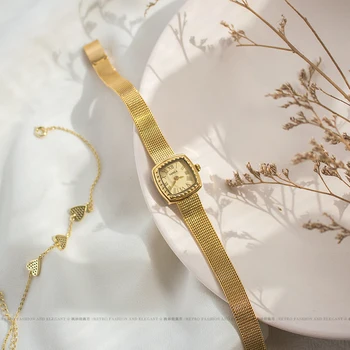24-Каратное золото, латунь, не выцветает, новый дизайн, модные женские часы в стиле ретро, японские роскошные часы с квадратным маленьким циферблатом, тонкий ремешок, кварцевые часы