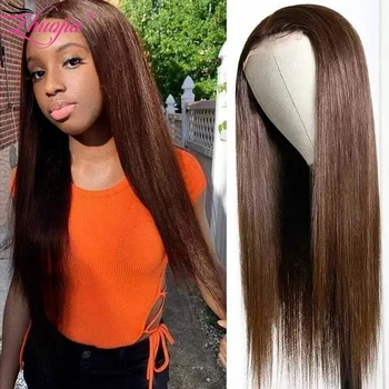 30-дюймовый коричневый парик с прямым закрытием, индийский парик из человеческих волос с закрытием шнурком 4x4, парики из человеческих волос для женщин, предварительно выщипанный прямой парик с костями, плотность 250