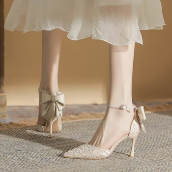 34-39 Свадебные туфли для новобрачных на высоком каблуке с ремешком на щиколотке Женская обувь на каблуке