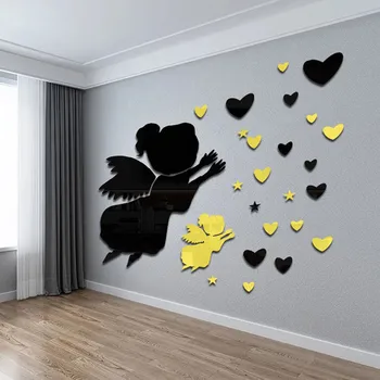 3D Акриловые Зеркальные наклейки в форме Ангела в форме сердца, Съемные DIY, Липкие Настенные росписи для детской Спальни, ванной комнаты, домашнего декора.