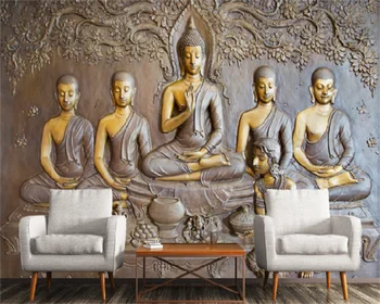 3D трехмерная медитация золотая статуя Будды персонаж отель Дзен чайхана диван фон настенная роспись обои гобеленовые
