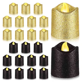 48 упаковок Золотых Беспламенных Свечей для обета, Черные блестящие светодиодные чайные фонари, Чайные лампы на батарейках, Теплый Желтый Держатель для света