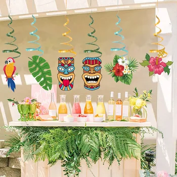6шт Летняя Гавайская Вечеринка Спиральный Подвесной Кулон Тропический Алоха Луау Пальмовые Листья Птица Цветок Баннеры Свадьба День Рождения Декор