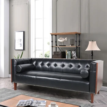 77,5-дюймовый диван Chesterfield, обитый винтажной кожаной поверхностью, традиционный диван для гостиной