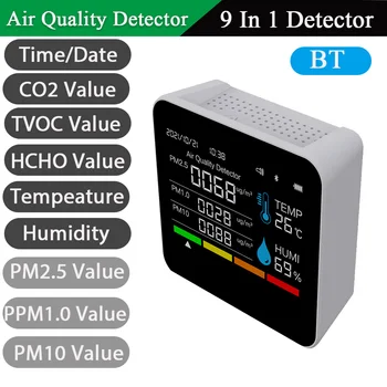 9 в 1 BT Монитор Качества воздуха Измеритель CO2 Детектор Углекислого газа Время/Дата TVOC HCHO PM2.5 PM1.0 PM10 Тестер температуры и влажности