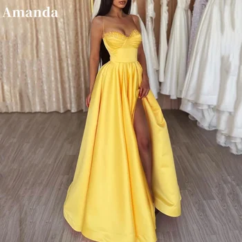 Amanda Сексуальное платье для выпускного вечера с разрезом сбоку 2023, вечернее платье с желтыми блестками на груди, вечернее платье на бретельках-спагетти.