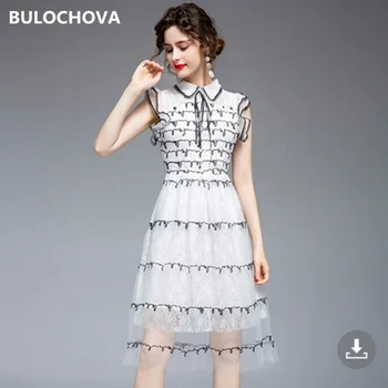 BULOCHOVA Французский дизайнер, Сетчатая вышивка пайетками, Тонкое Длинное платье, женское платье без рукавов с воротником 