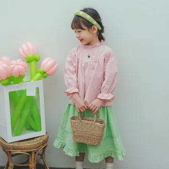 deer jonmi 2023, Весенние Милые наряды для маленьких девочек, Розовые рубашки с вышивкой, Зеленая юбка, 2 шт., Хлопковые комплекты для малышей в Корейском стиле