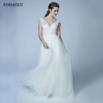 FDHAOLU FU46 Элегантное свадебное платье из белого тюля трапециевидной формы с открытой спиной, Винтажный кружевной лиф, свадебное платье-квитанция