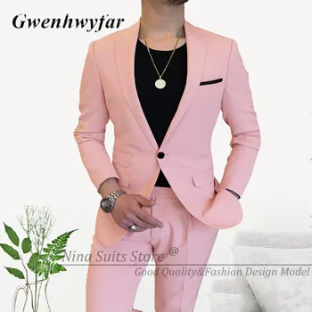 G & N 2023 Молодые розовые мужские костюмы для вечеринки, свадебный пиджак жениха ручной работы с козырьком, карман с клапаном на одной пуговице, 2 вентиляционных отверстия, облегающие брюки