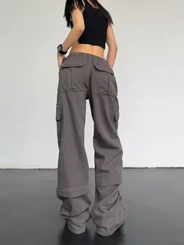 HOUZHOU Hip Hop Y2K Серые Брюки Карго Женская уличная одежда Harajuku С большими карманами Широкие брюки Американские ретро Панталоны