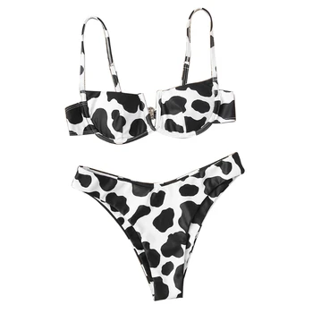 M89D женский сексуальный комплект бикини из 2 предметов с V-образным вырезом, купальник на косточках, купальник с цветочным рисунком коровы