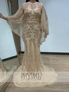 MYMB Dubai Потрясающее Золотое Платье Для Матери Невесты, Украшенное Кристаллами, Украшенное Бисером, Накидка С Рукавами, Вечерние Платья Для Вечеринок Больших Размеров