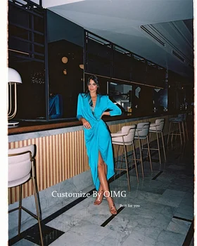 OIMG Модные Синие Шелковые атласные Вечерние платья с длинными рукавами и V-образным вырезом с разрезом, Дубайское женское платье для выпускного вечера, наряд 2023 года