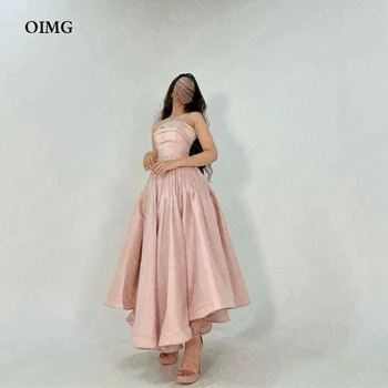 OIMG Простые светло-розовые атласные длинные вечерние платья трапециевидной формы без бретелек для арабской леди, вечерние платья для выпускного вечера, платье