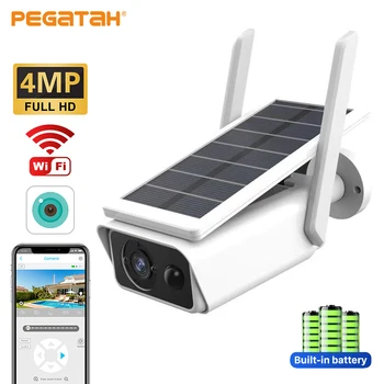 PEGATAH 4-мегапиксельная Wi-Fi Солнечная камера, беспроводная наружная IP-камера с батарейным питанием, IP66 PIR, камеры видеонаблюдения