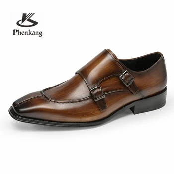 Phenkang/ Мужские кожаные туфли Monk без застежки, элегантные свадебные деловые повседневные туфли-оксфорды роскошного бренда с пряжками для мужчин