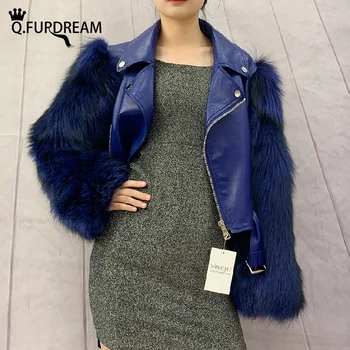 Q. FURDREAM 2020 Женская куртка из натурального лисьего меха с кожаными пальто из натуральной овчины, зимняя толстая верхняя одежда из лисьего меха оптом