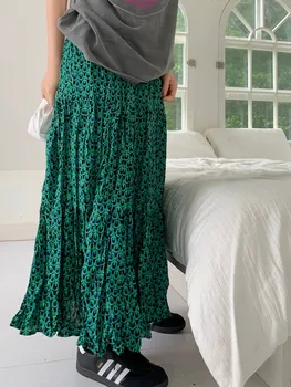 Qiukichonson Винтажная Зеленая юбка с цветочным рисунком, женская, Весна-лето, Корейский стиль, Высокая талия, трапециевидные плиссированные Длинные юбки Миди в складку