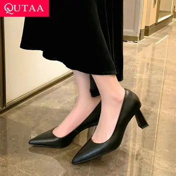 QUTAA 2023 Элегантные женские туфли-лодочки с острым носком на высоком каблуке из натуральной кожи для вечеринок и офиса, Женская Весенне-летняя обувь, Размер 34-40