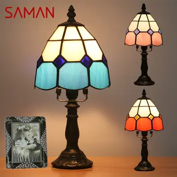 SAMAN Современная настольная лампа Tiffany LED Креативный декор из витражного стекла Небольшой Настольный светильник для дома, гостиной, прикроватной тумбочки в спальне