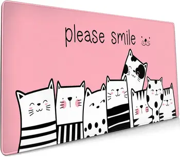 Smile Pink Cat XL с Прошитыми Краями Удлиненный Водонепроницаемый Коврик Для стола На Нескользящей Резиновой Основе Большой Коврик Для клавиатуры Компьютера 35,4 × 15,7 дюйма