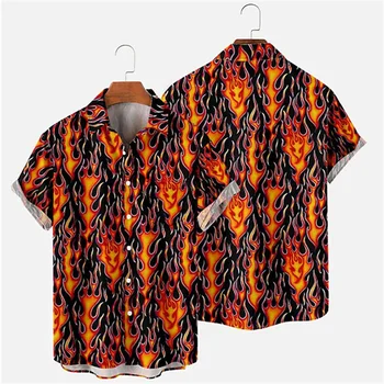 Summer Cool Flame Men's Vocation С лацканами Camisa, Гавайские рубашки Оверсайз с 3D принтом, модные мужские Женские пляжные блузки с коротким рукавом