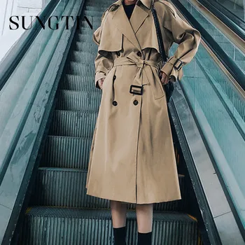 Sungtin Винтажный женский тренч оверсайз с поясом, модная двубортная длинная ветровка, осенне-зимняя повседневная одежда