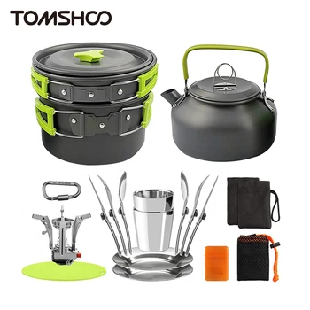 Tomshoo Набор посуды для кемпинга на открытом воздухе, Кастрюля, чайник, Набор для приготовления пищи, посуда с плитой, Ложка, Вилка, резак для пикника с рюкзаком
