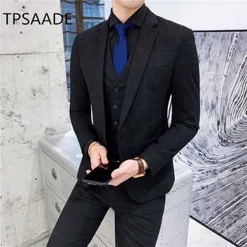 TPSAADE Мужской клетчатый костюм, комплект из 3 предметов (мужской пиджак с жилетками и брюками), Азиатский Размер, Мужские Свадебные костюмы