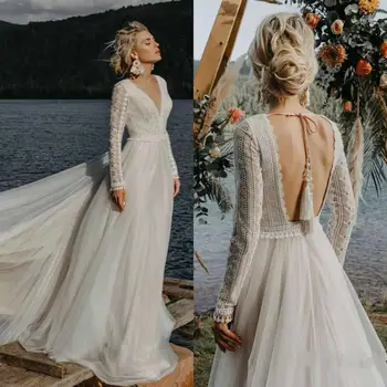 Vestido De Noiva 2020, свадебное платье в стиле Бохо с длинным рукавом, Кружевной V-образный вырез, Пляжные Сексуальные Тюлевые Элегантные свадебные платья с открытой спиной.