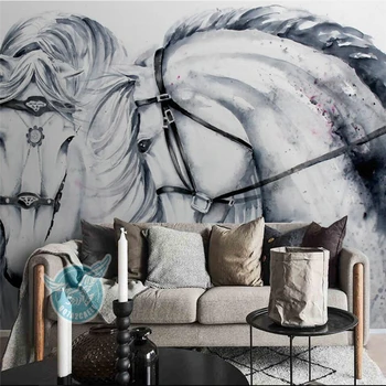 wellyu европейский стиль ручная роспись черно-белая пара картина с лошадьми фон стены пользовательские большие фрески обои