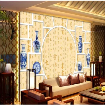 wellyu Заказные крупномасштабные фрески изучают синий и белый фарфор, китайский диван на фоне стены, флизелиновые обои