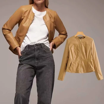 za 2020, новое модное осенне-зимнее пальто из искусственной кожи, женская куртка, укороченные куртки с круглым вырезом, пальто, однобортная верхняя одежда на молнии, тонкая верхняя одежда