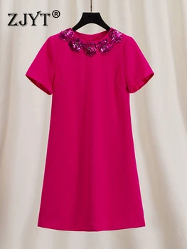 ZJYT Дизайнерские летние платья для подиума для женщин, расшитые блестками, с цветочным рисунком, с коротким рукавом, простые праздничные платья, Свободный повседневный халат